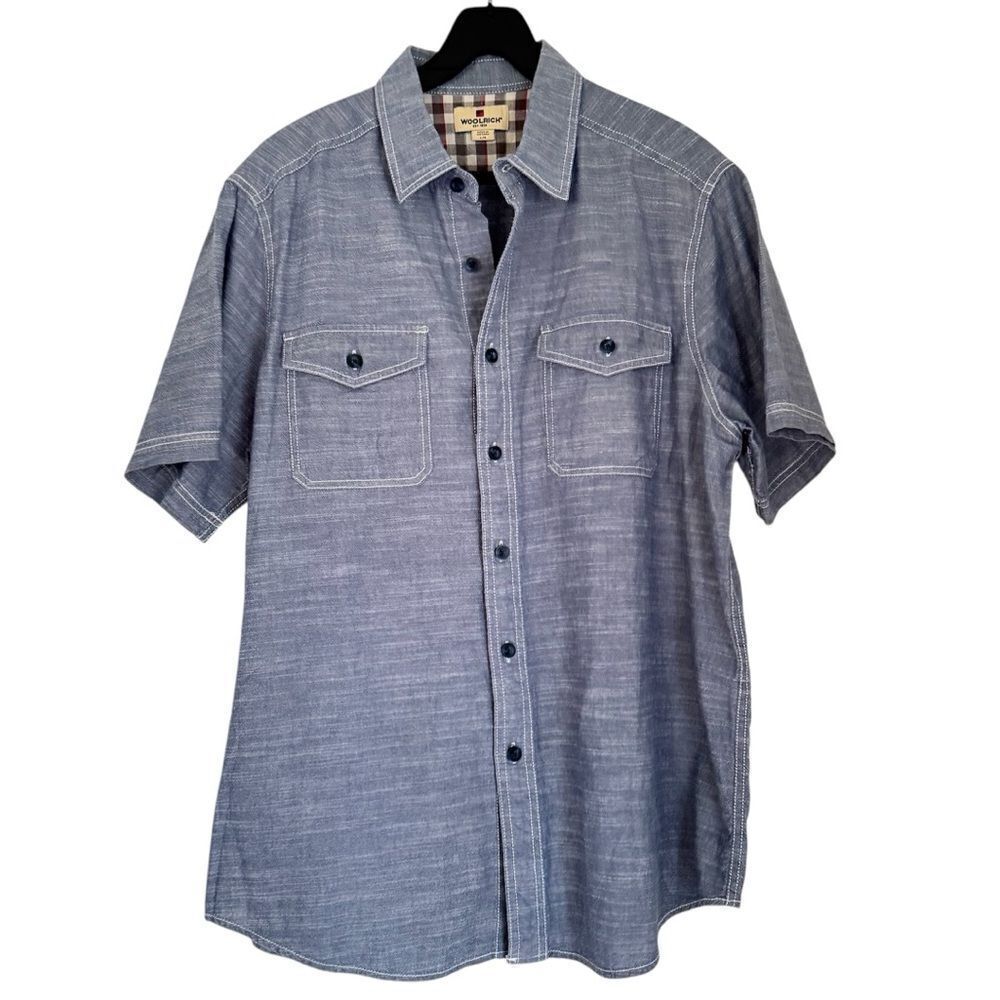 Woolrich Button Down Blue Grey Chambray Short Sleeve Shirt Size Large